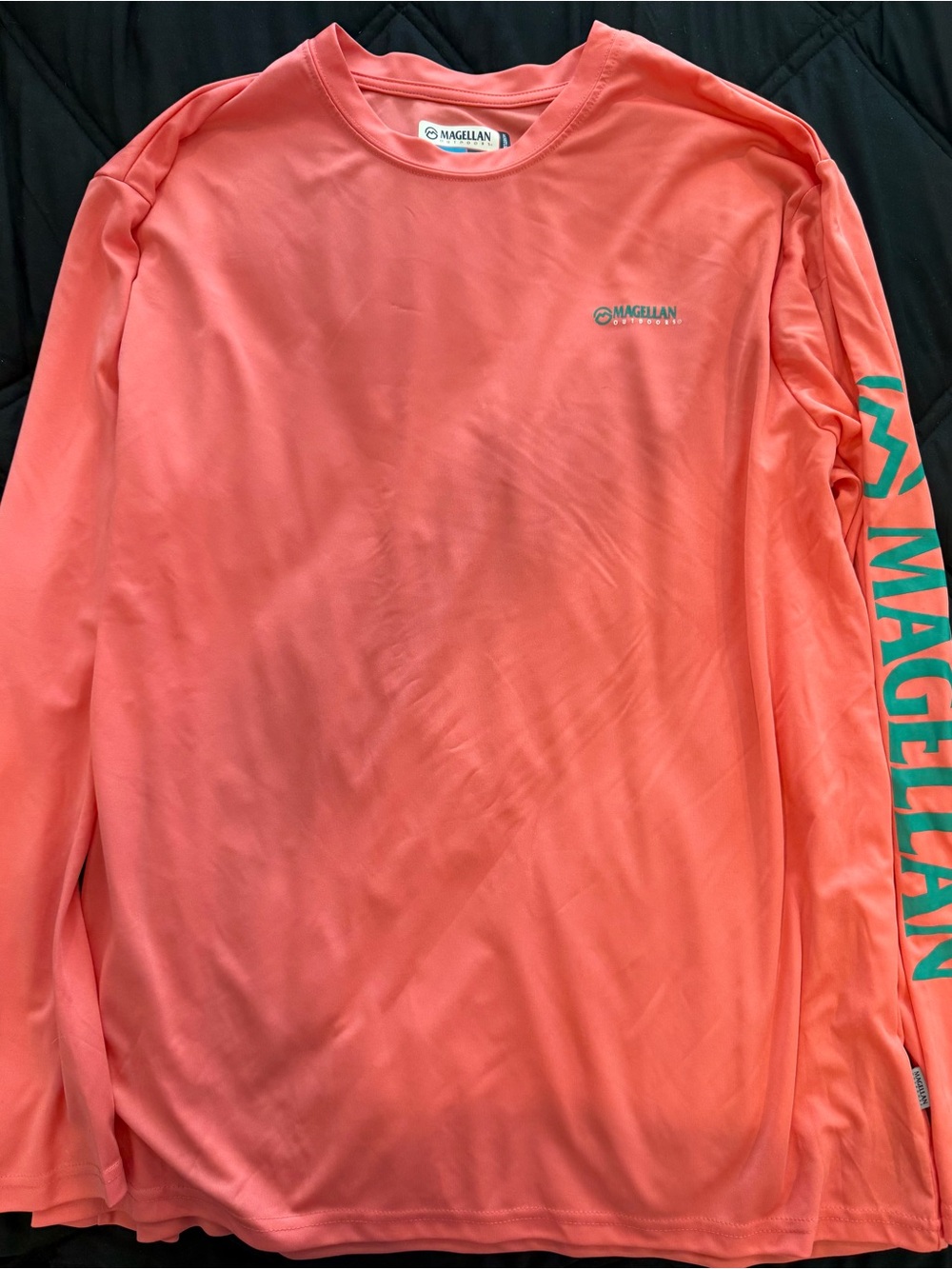 Magellan Outdoors Men’s Coral Long-Sleeve Rash Guard with Teal Sleeve Logo
